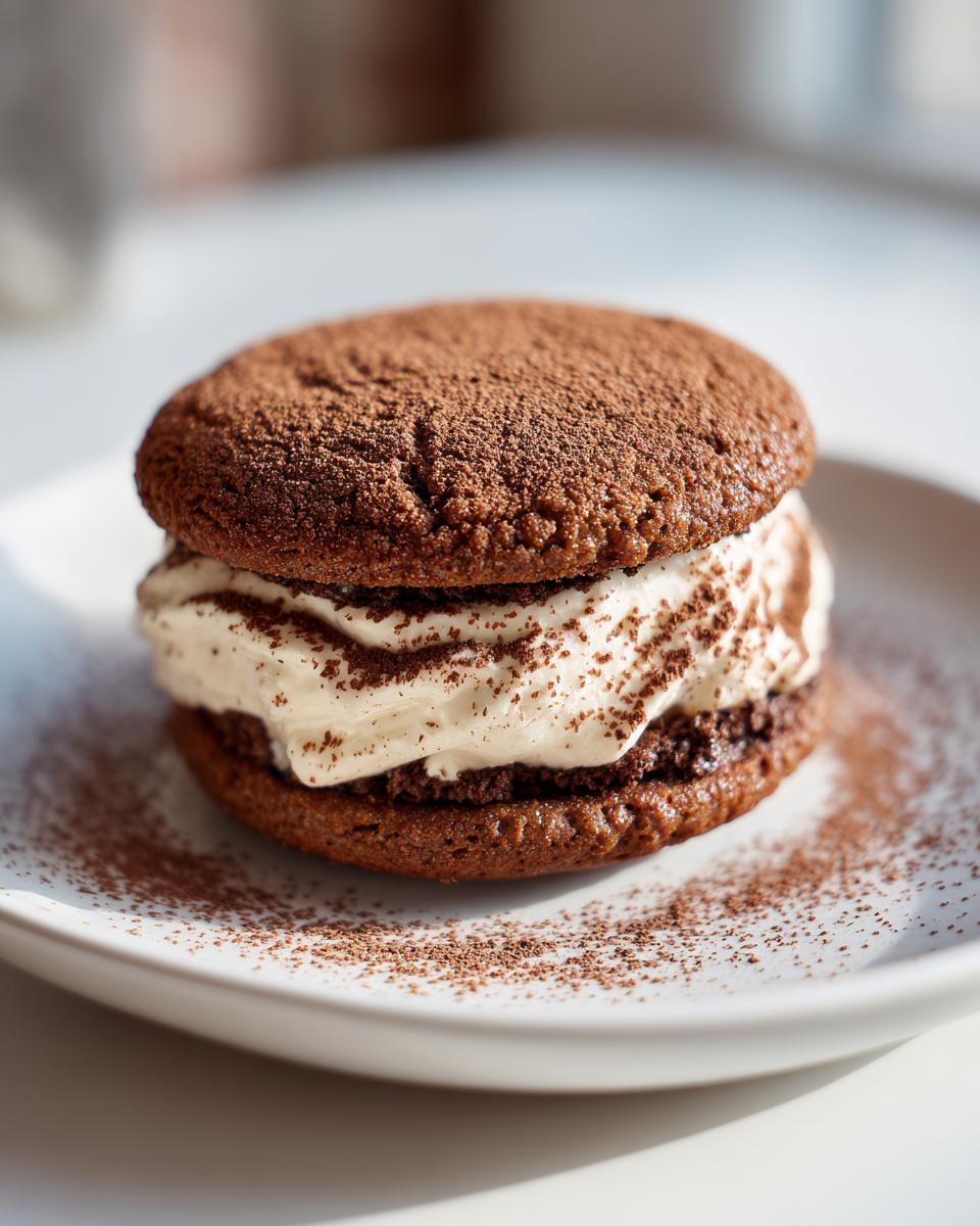 Close-up of a decadent tiramisu cookie sandwich filled with creamy mascarpone and dusted with cocoa powder.