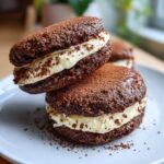 Close-up of two decadent tiramisu cookies stacked, filled with creamy mascarpone and dusted with cocoa powder.