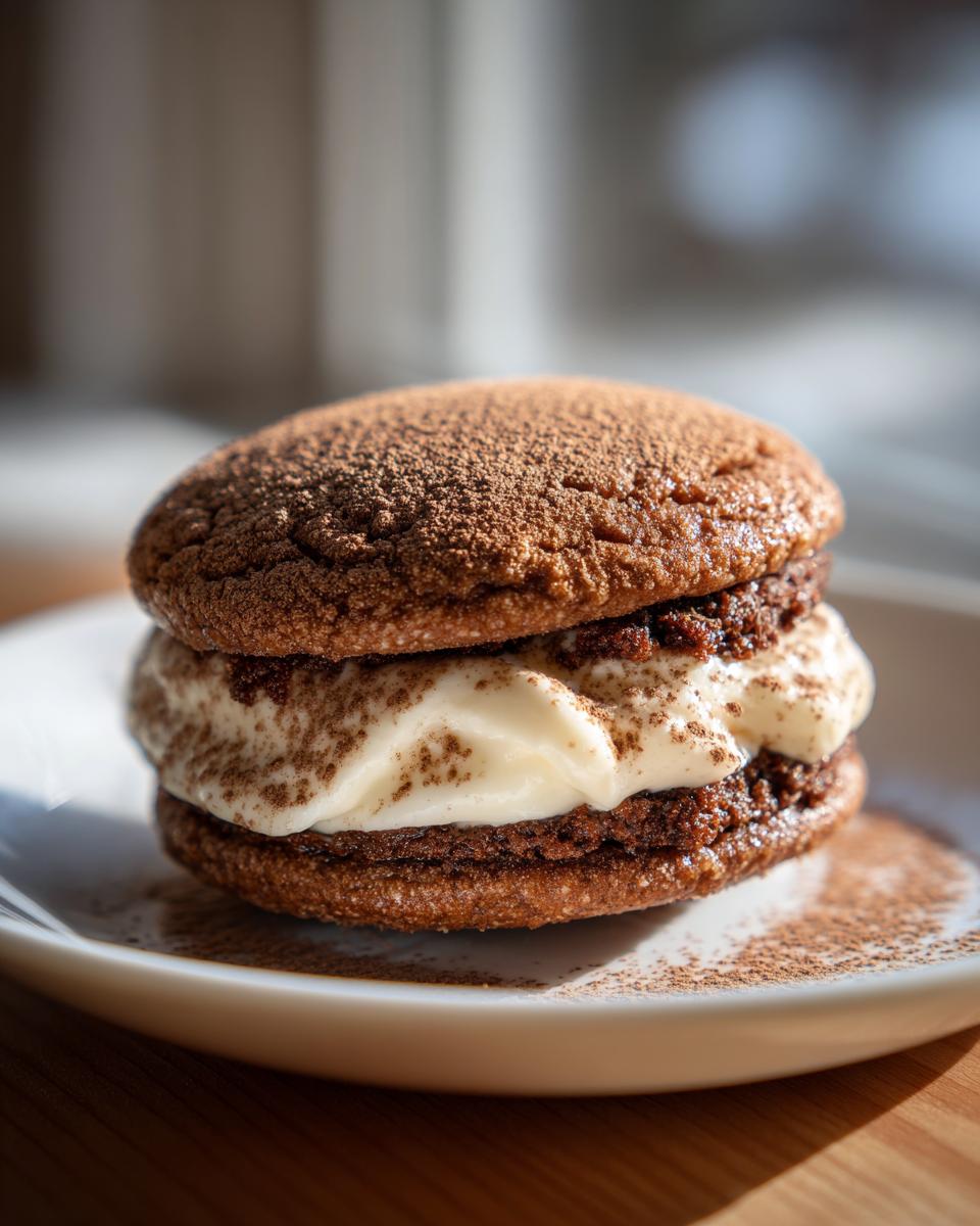 A close-up of a decadent tiramisu cookie sandwich filled with creamy mascarpone and dusted with cocoa powder.