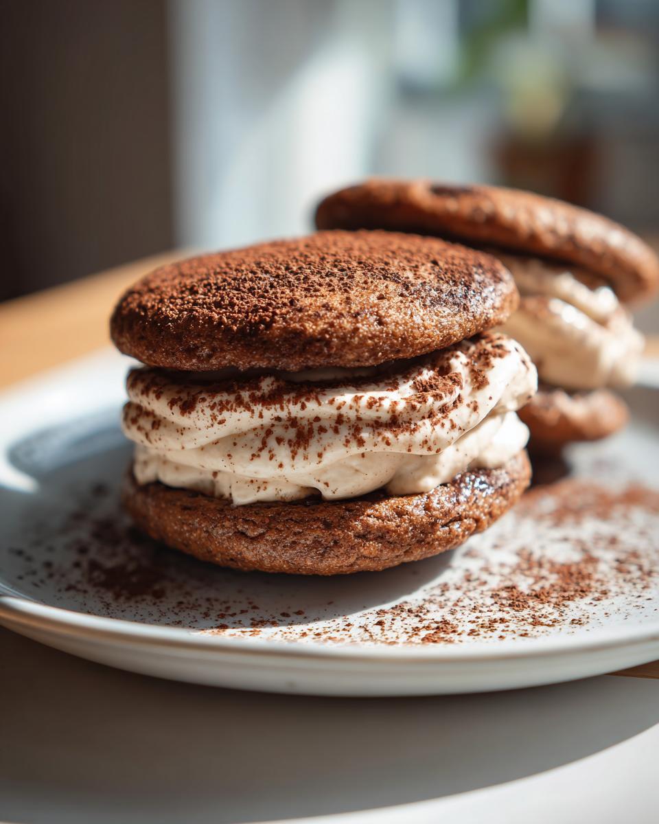 Close-up of two tiramisu cookies filled with creamy mascarpone and dusted with cocoa powder.