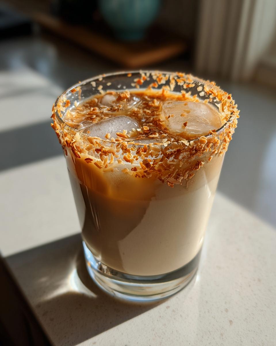 A close-up of a Toasted Coconut White Russian cocktail in a glass with ice and a rim of toasted coconut flakes.