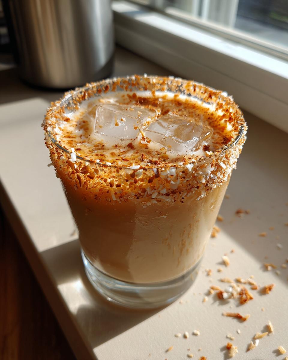 A close-up of a Toasted Coconut White Russian cocktail in a glass with ice and a rim of toasted coconut.