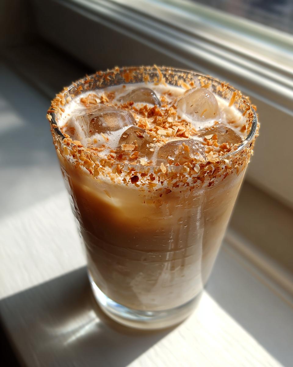 A close-up of a Toasted Coconut White Russian cocktail with ice and a rim of toasted coconut flakes.