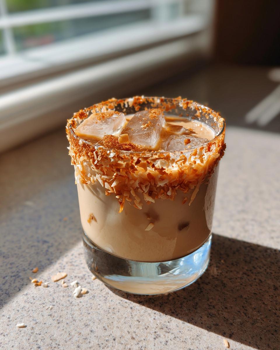 A delicious Toasted Coconut White Russian cocktail in a glass with ice and a rim of toasted coconut.