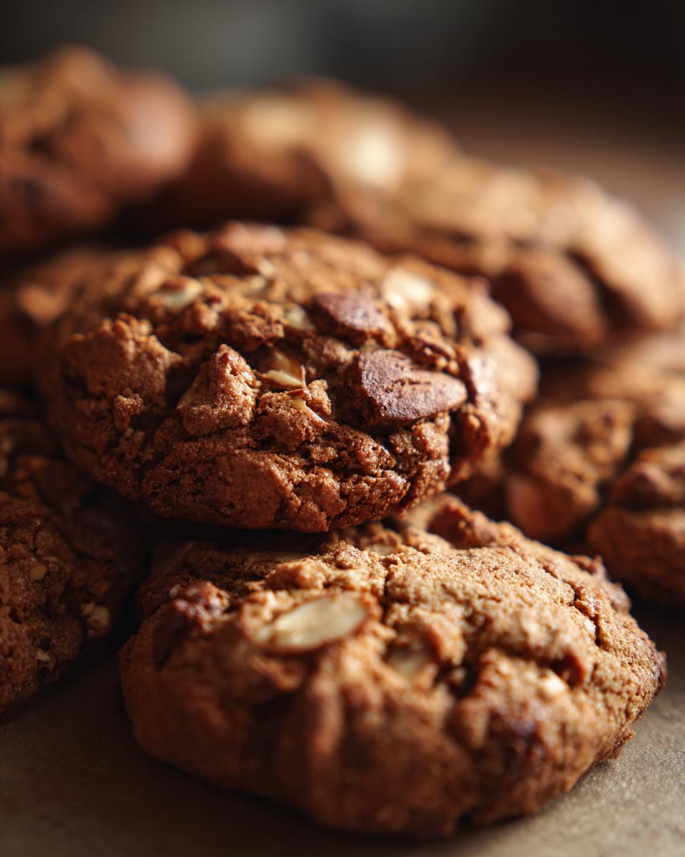 Close-up of delicious toffee almond crunch cookies, showing texture and embedded nuts.