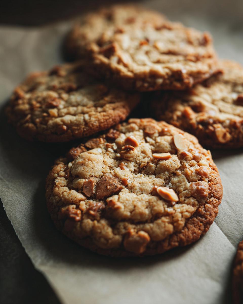 Close-up of delicious toffee almond crunch cookies, showcasing their texture and crunchy toppings.