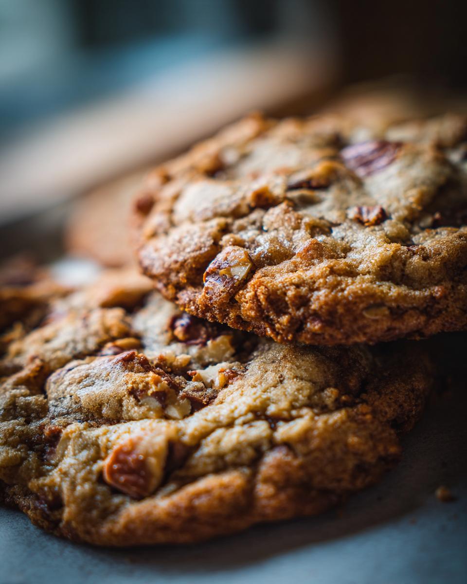 Close-up of two delicious toffee almond crunch cookies stacked, showing texture and crunchy almond pieces.