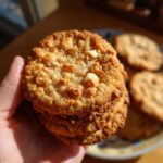 A hand holding a stack of golden-brown toffee almond crunch cookies, with visible chunks of almonds.