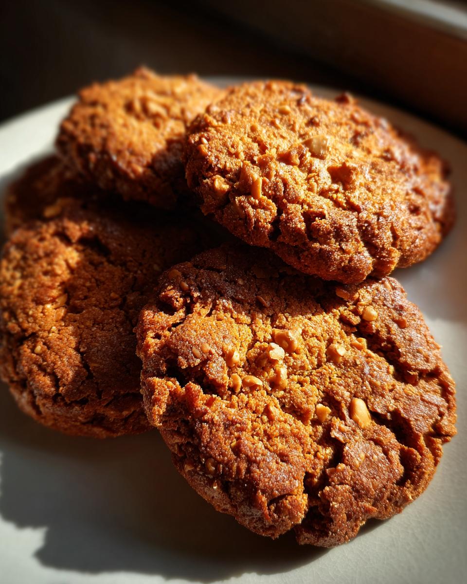Close-up of a stack of delicious toffee almond crunch cookies on a white plate, showing texture and nuts.