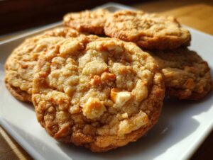 Close-up of delicious toffee almond crunch cookies with white chocolate chunks on a white plate.