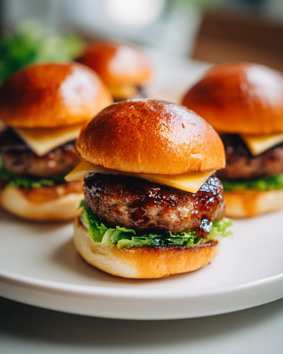 Close-up of delicious turkey burger sliders with cheese, lettuce, and glaze on a white plate.