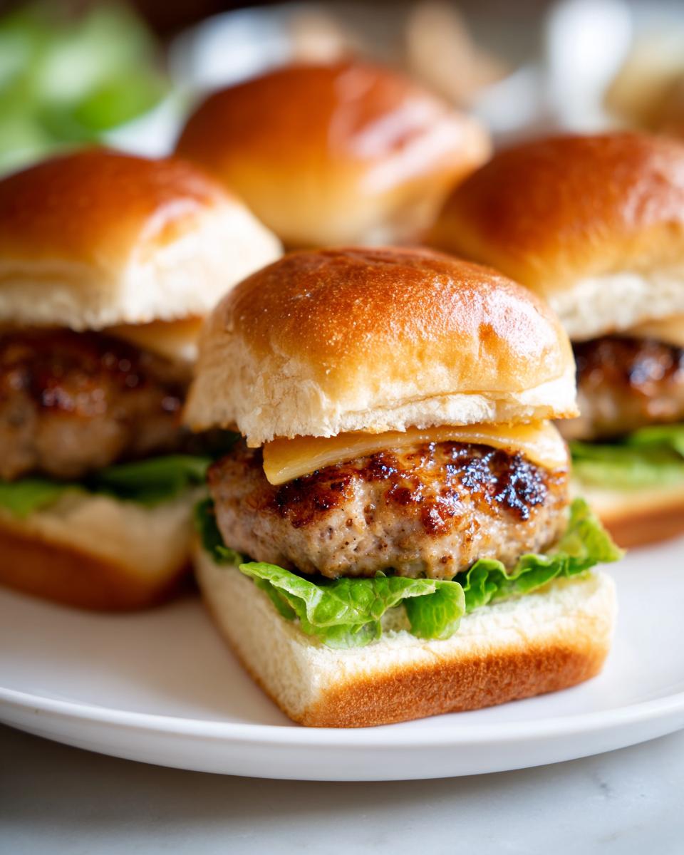 Close-up of a delicious turkey burger slider on a white plate, featuring a toasted bun, juicy turkey patty, melted cheese, and fresh lettuce.