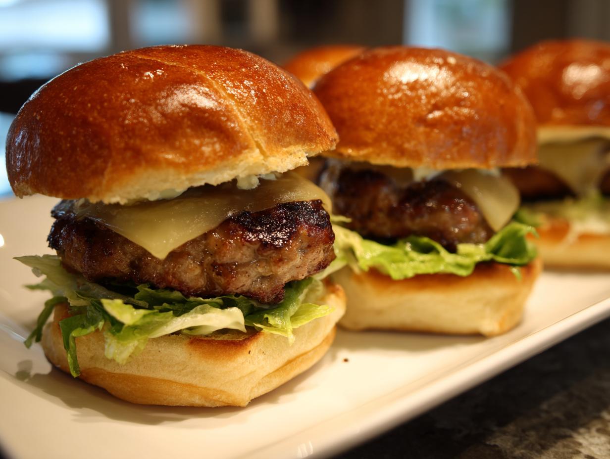 Close-up of a juicy turkey burger slider topped with melted cheese and crisp lettuce on a toasted bun.