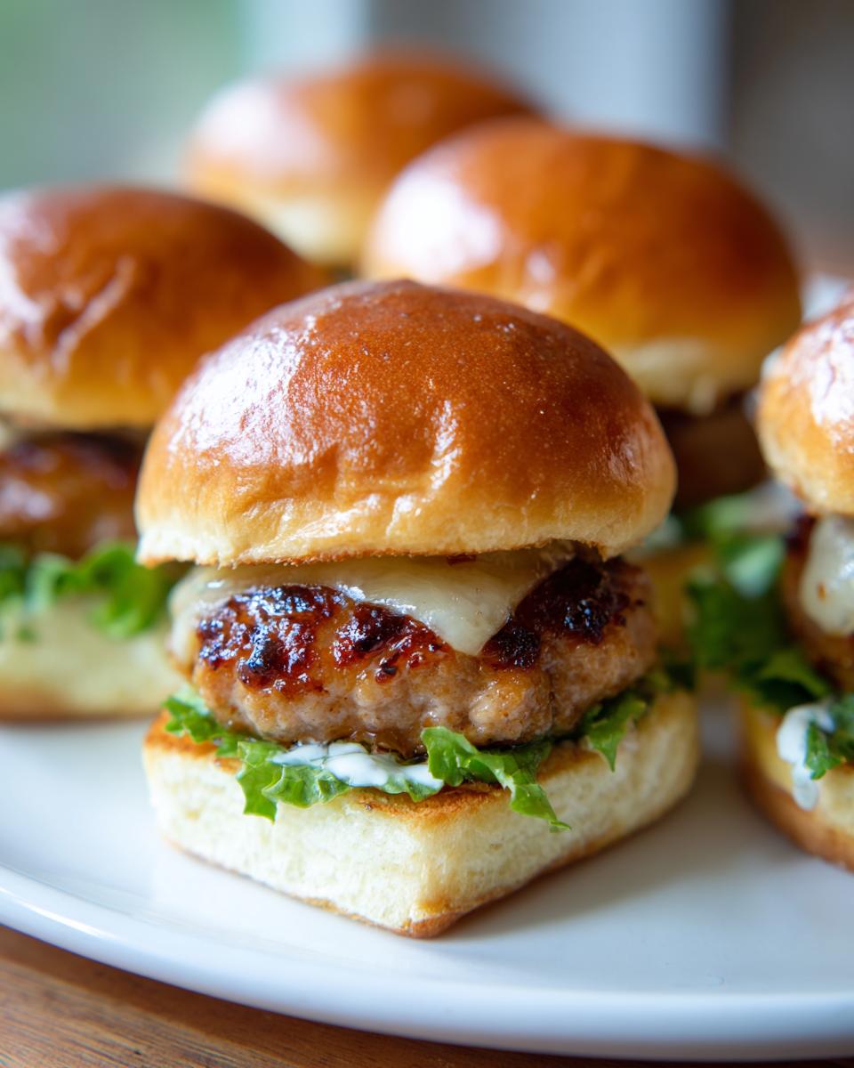 Close-up of a delicious turkey burger slider with melted cheese and lettuce on a soft bun.