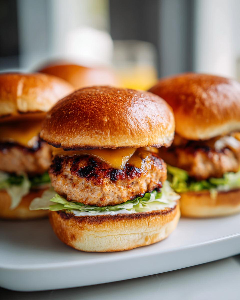 Close-up of several juicy turkey burger sliders with melted cheese and lettuce on a white plate.