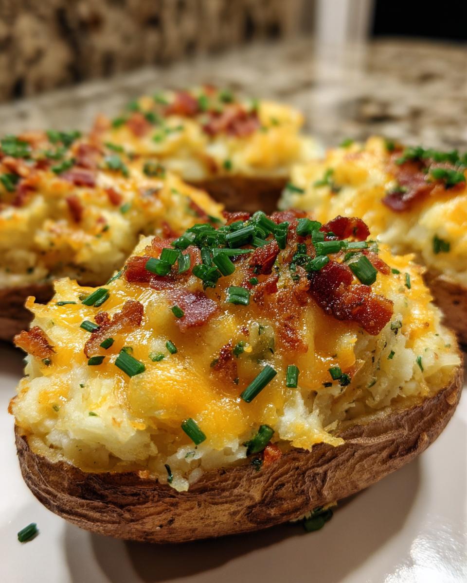 Close-up of twice-baked potatoes loaded with melted cheddar cheese, crispy bacon bits, and fresh chives.