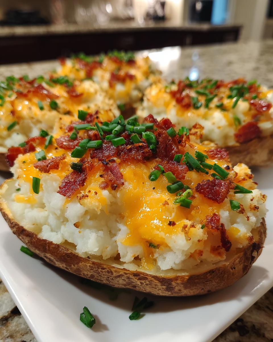Close-up of twice-baked potatoes topped with melted cheese, crispy bacon, and fresh chives.
