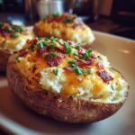 Close-up of a delicious twice-baked potato topped with melted cheese, crispy bacon, and fresh chives.