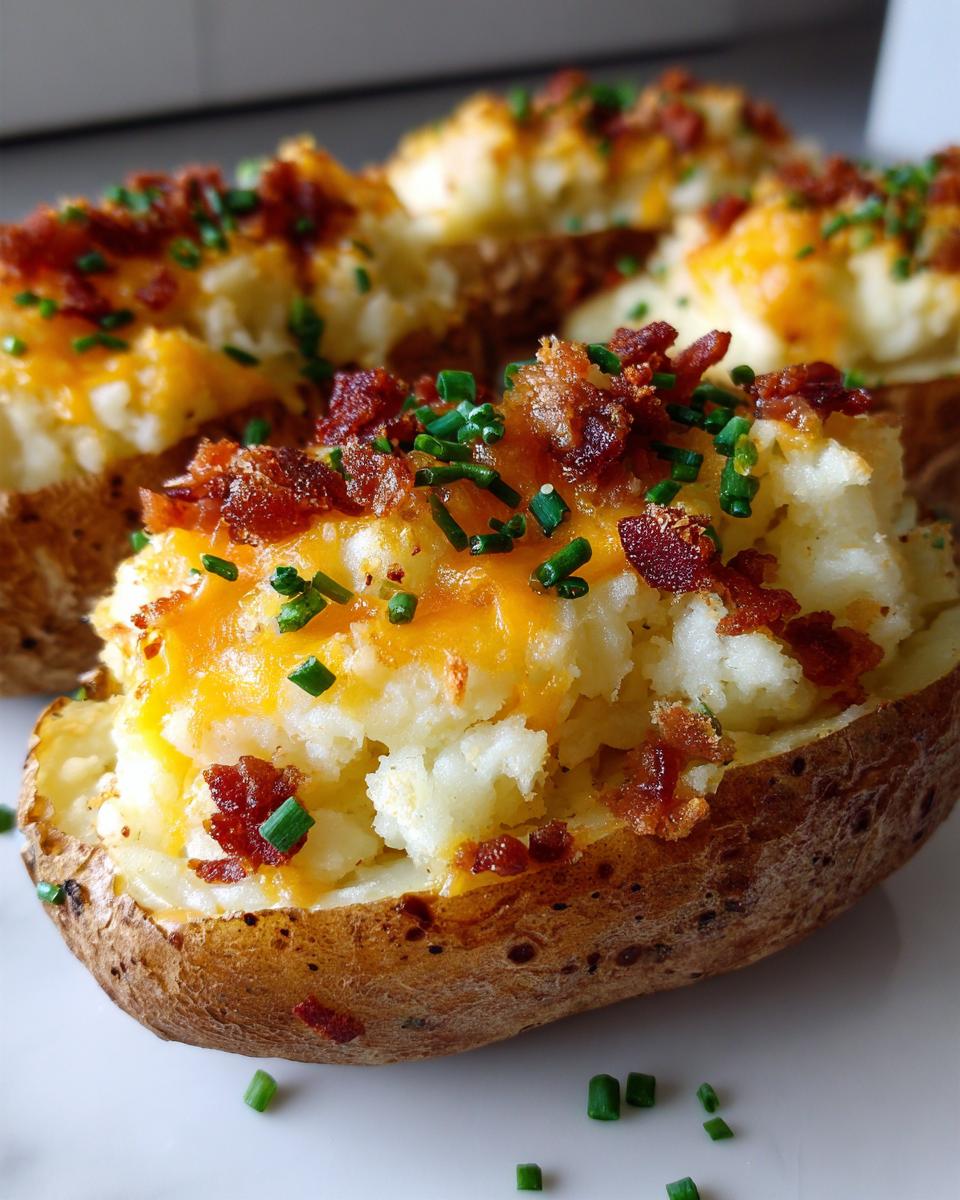 Close-up of twice-baked potatoes topped with melted cheddar cheese, crispy bacon bits, and fresh chives.