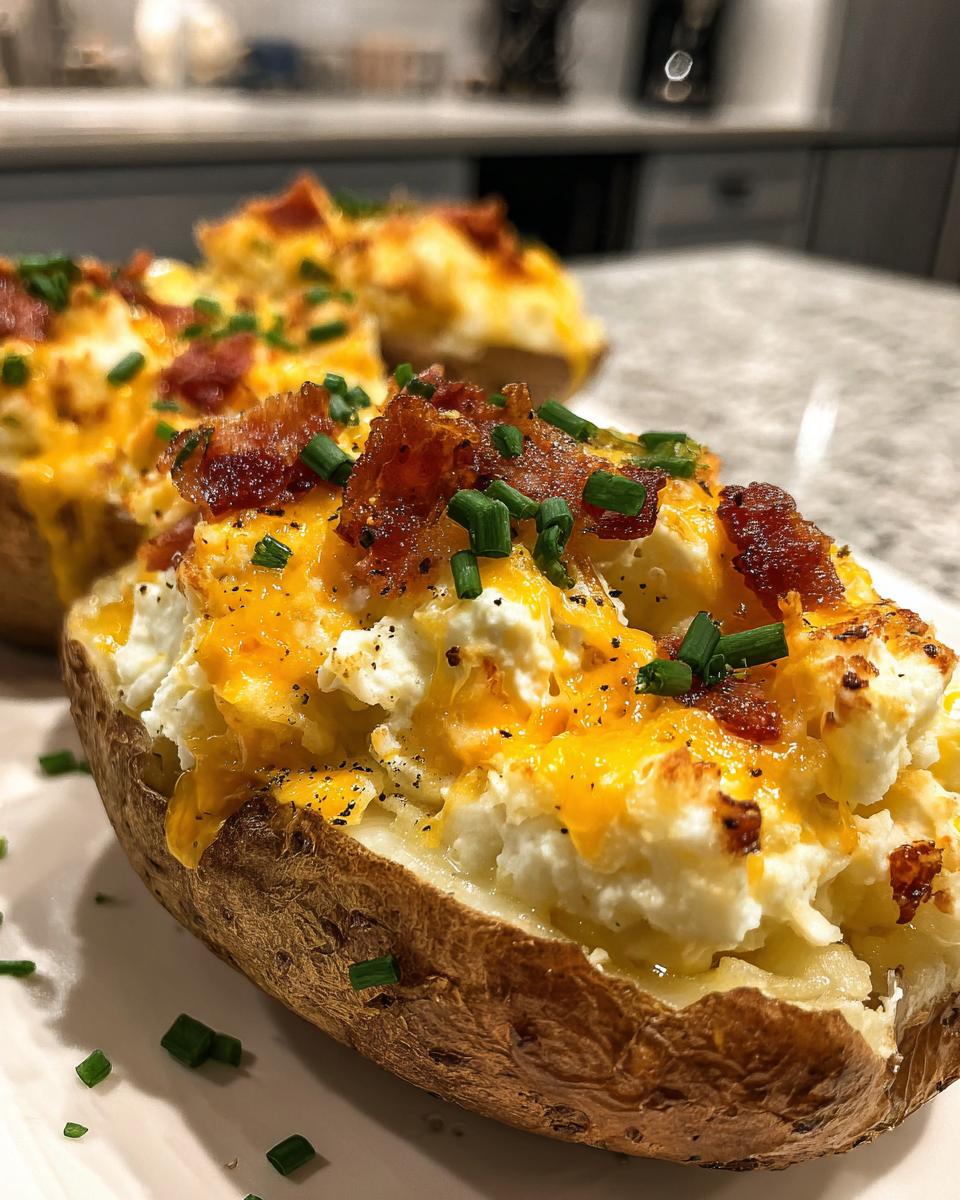 Close-up of delicious twice-baked potatoes, topped with melted cheddar cheese, crispy bacon, and fresh chives.