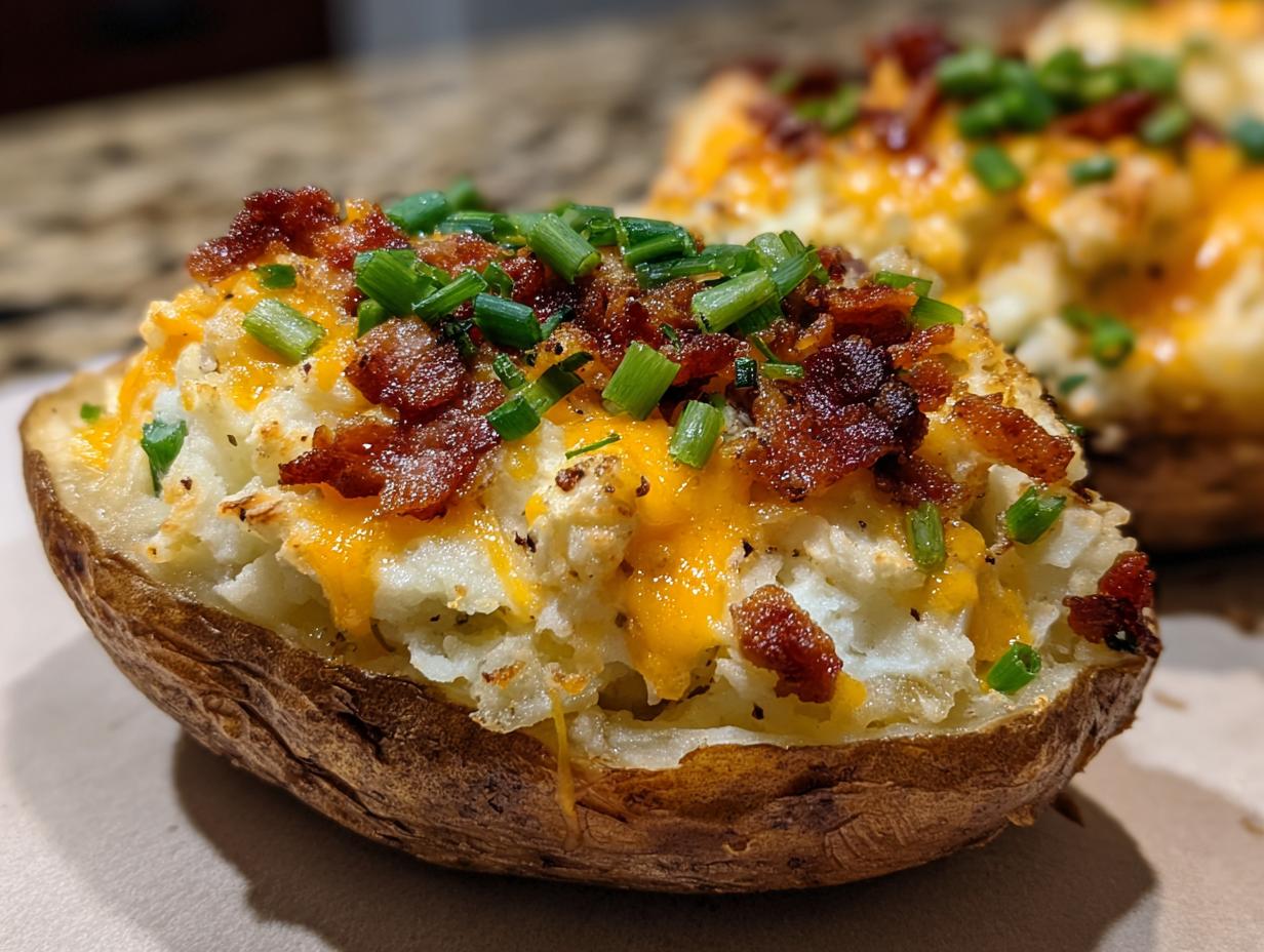 Close-up of a delicious twice-baked potato loaded with melted cheddar cheese, crispy bacon bits, and fresh chives.