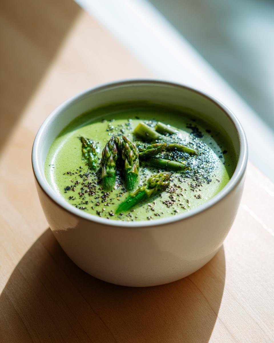 Close-up of creamy green asparagus soup garnished with fresh asparagus tips and dark seasoning.