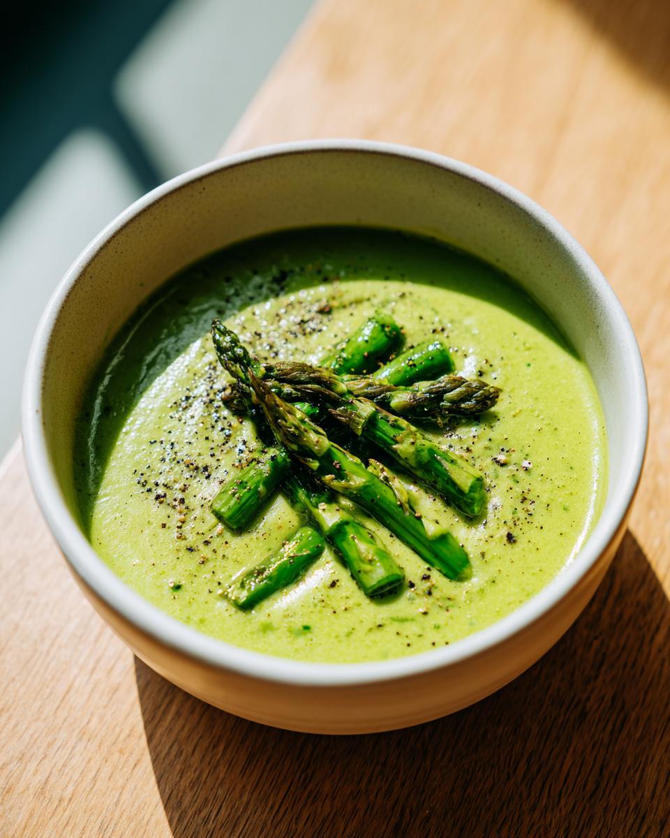 A vibrant bowl of creamy asparagus soup garnished with roasted asparagus tips and cracked black pepper.