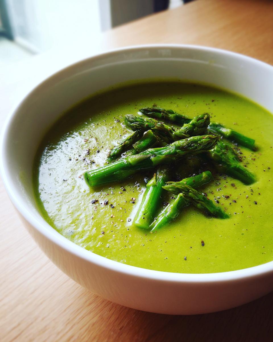 Close-up of bright green asparagus soup garnished with roasted asparagus tips and cracked black pepper.