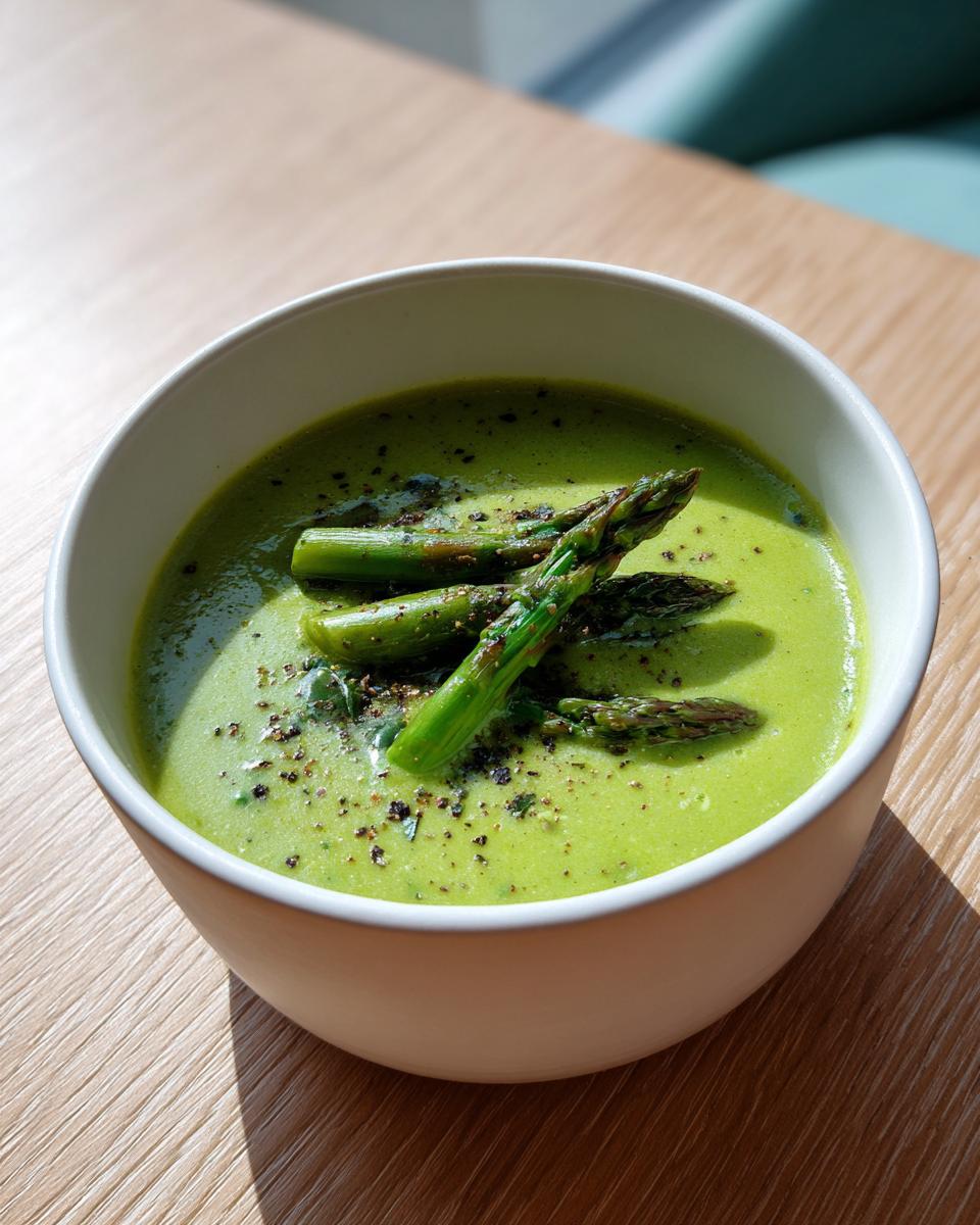 A close-up of creamy green asparagus soup topped with whole asparagus spears and cracked black pepper.