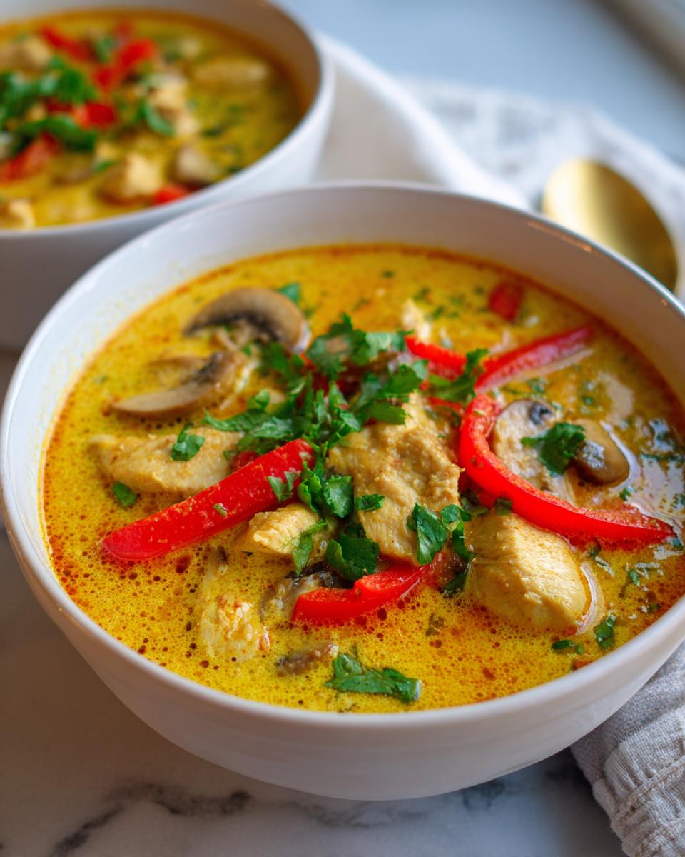 A vibrant bowl of creamy yellow coconut curry soup topped with chicken, red bell pepper strips, mushrooms, and fresh parsley.