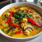 Close-up of a rich, yellow coconut curry soup filled with chicken pieces, sliced mushrooms, red bell peppers, and fresh cilantro.