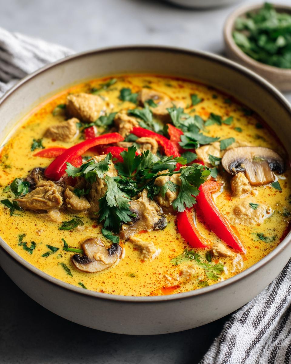 A close-up view of a rich, yellow coconut curry soup filled with chicken, mushrooms, red peppers, and fresh cilantro.