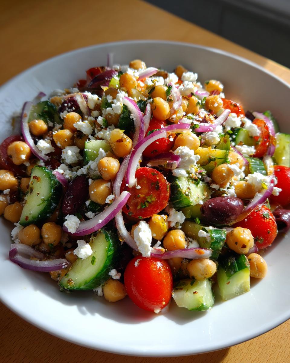 Close-up of a vibrant mediterranean chickpea salad featuring chickpeas, cucumbers, tomatoes, red onion, and feta.