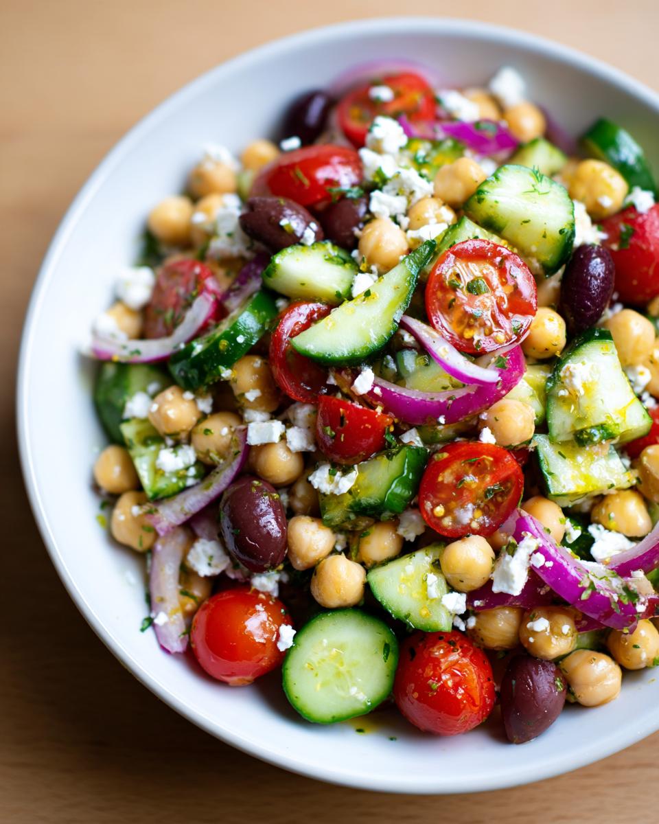 Close-up of a vibrant mediterranean chickpea salad featuring chickpeas, cucumbers, tomatoes, olives, and feta.