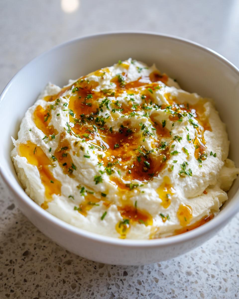 Close-up of creamy whipped ricotta dip topped with golden honey and chopped green herbs.