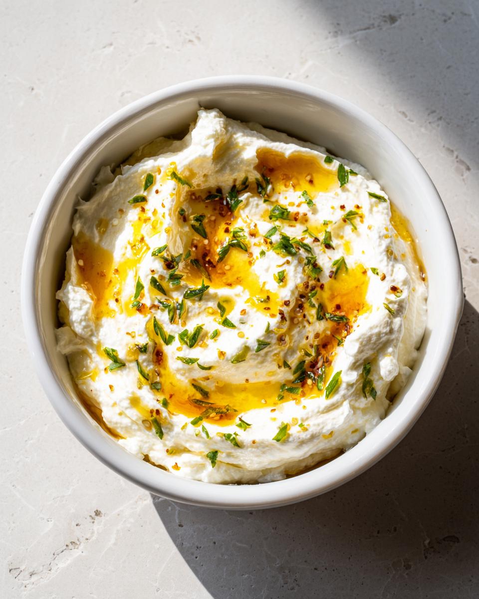 Overhead view of creamy whipped ricotta dip in a white bowl, drizzled with honey and sprinkled with herbs.
