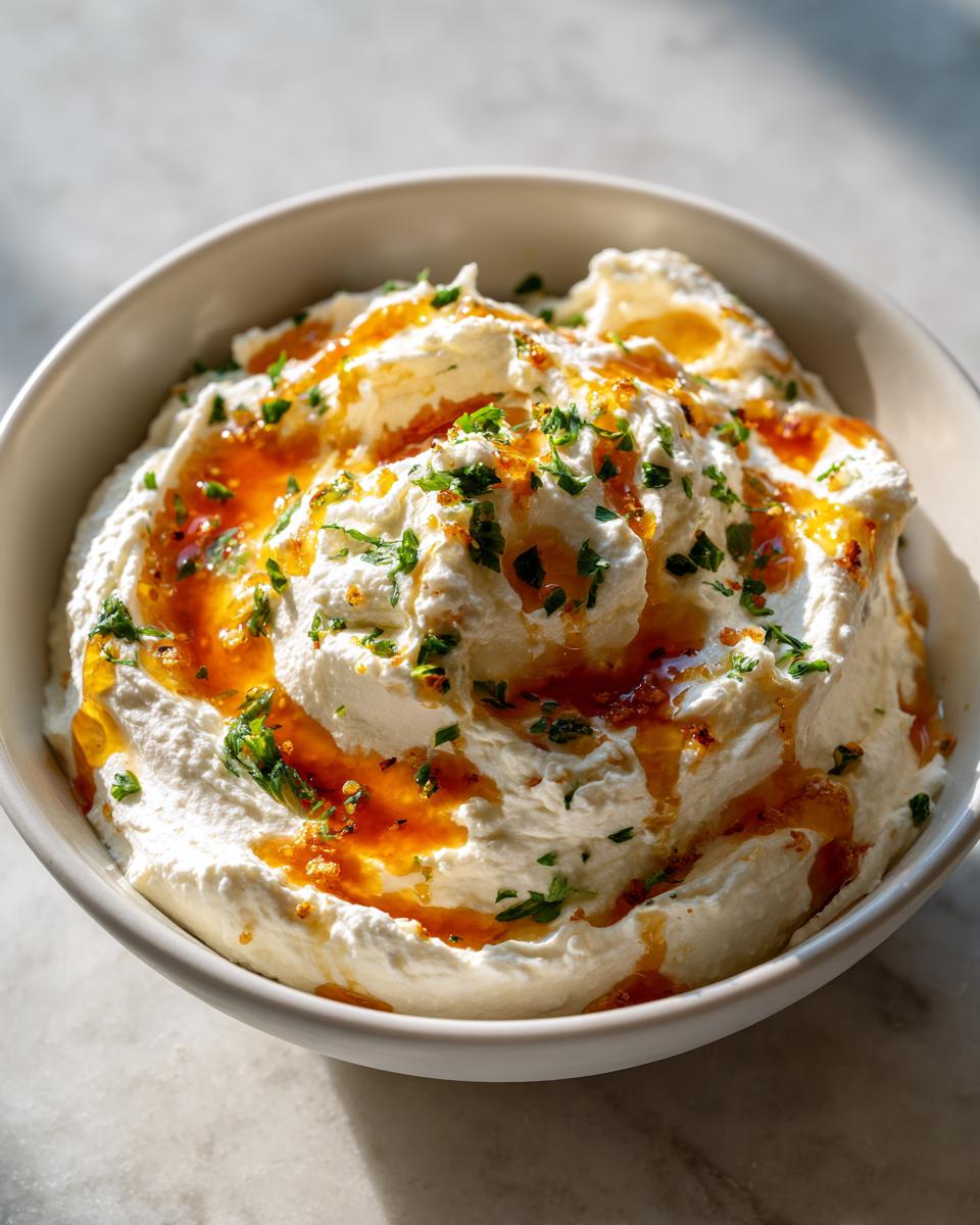 Close-up of a bowl of creamy whipped ricotta dip topped with drizzled honey and fresh parsley.