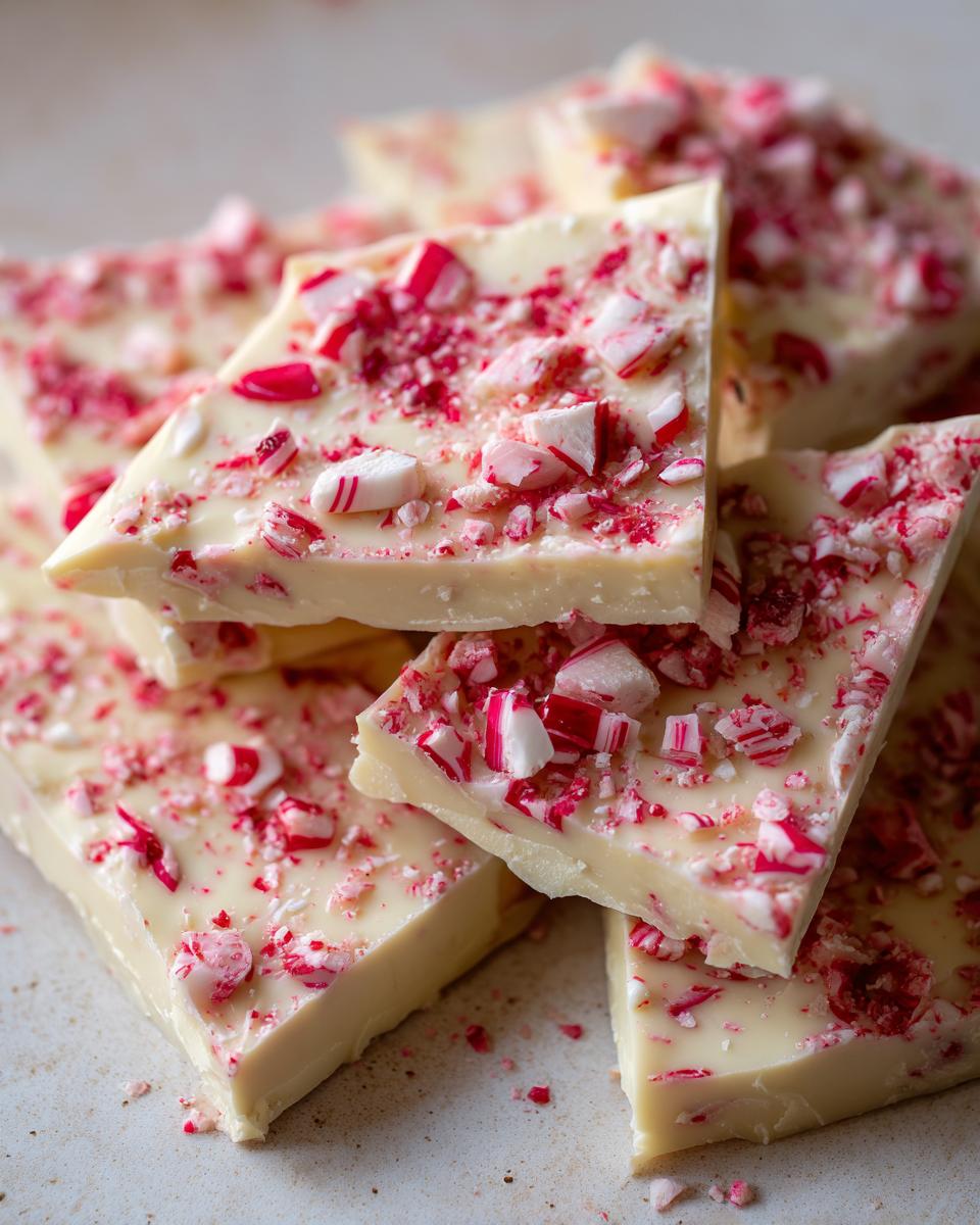 Close-up of stacked slices of white chocolate candy cane bark, generously topped with crushed candy canes.