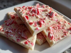 Close-up of several triangular pieces of white chocolate candy cane bark, topped with crushed candy canes.