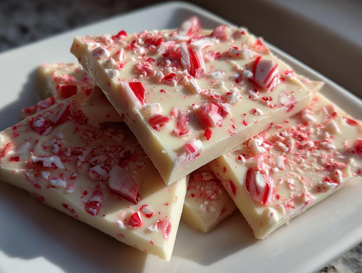 Close-up of several triangular pieces of white chocolate candy cane bark, topped with crushed candy canes.