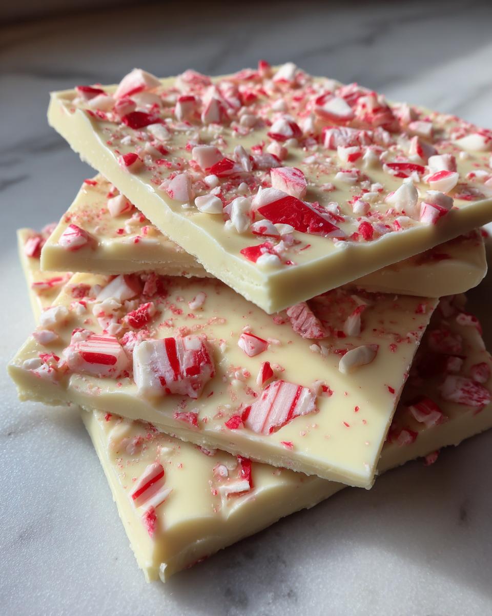 A stack of delicious white chocolate candy cane bark pieces, generously topped with crushed candy canes.