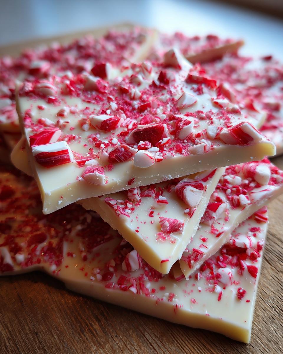Close-up of stacked white chocolate candy cane bark pieces, generously sprinkled with crushed candy canes.