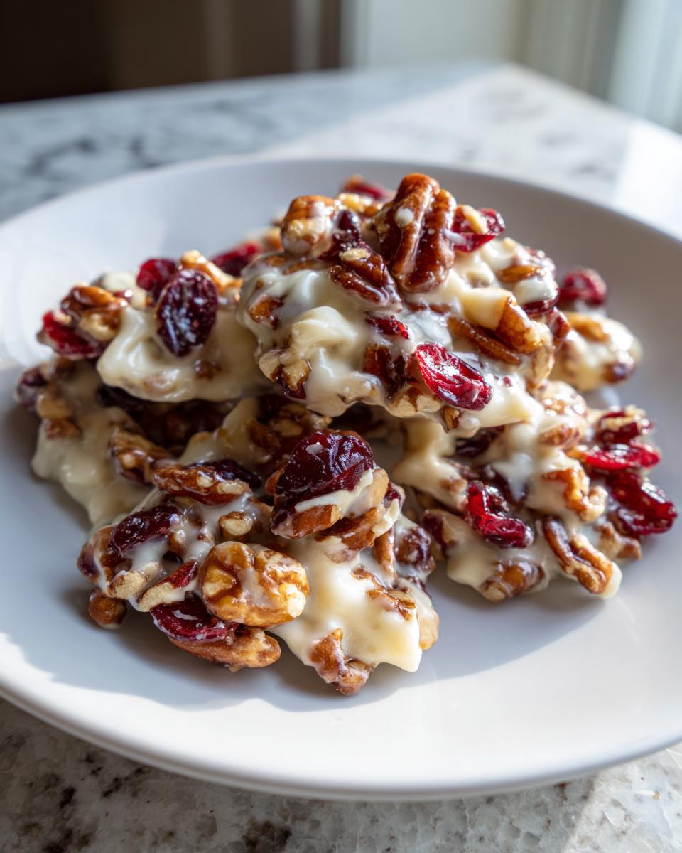 Close-up of white chocolate cranberry pecan clusters piled on a white plate, showcasing the creamy white chocolate coating.