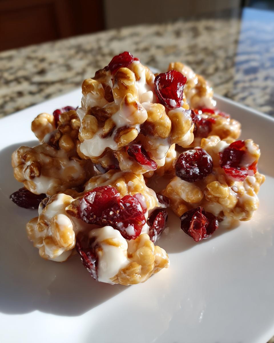 Close-up of white chocolate cranberry pecan clusters on a white plate, showing the texture of popcorn, dried cranberries, and pecans coated in white chocolate.