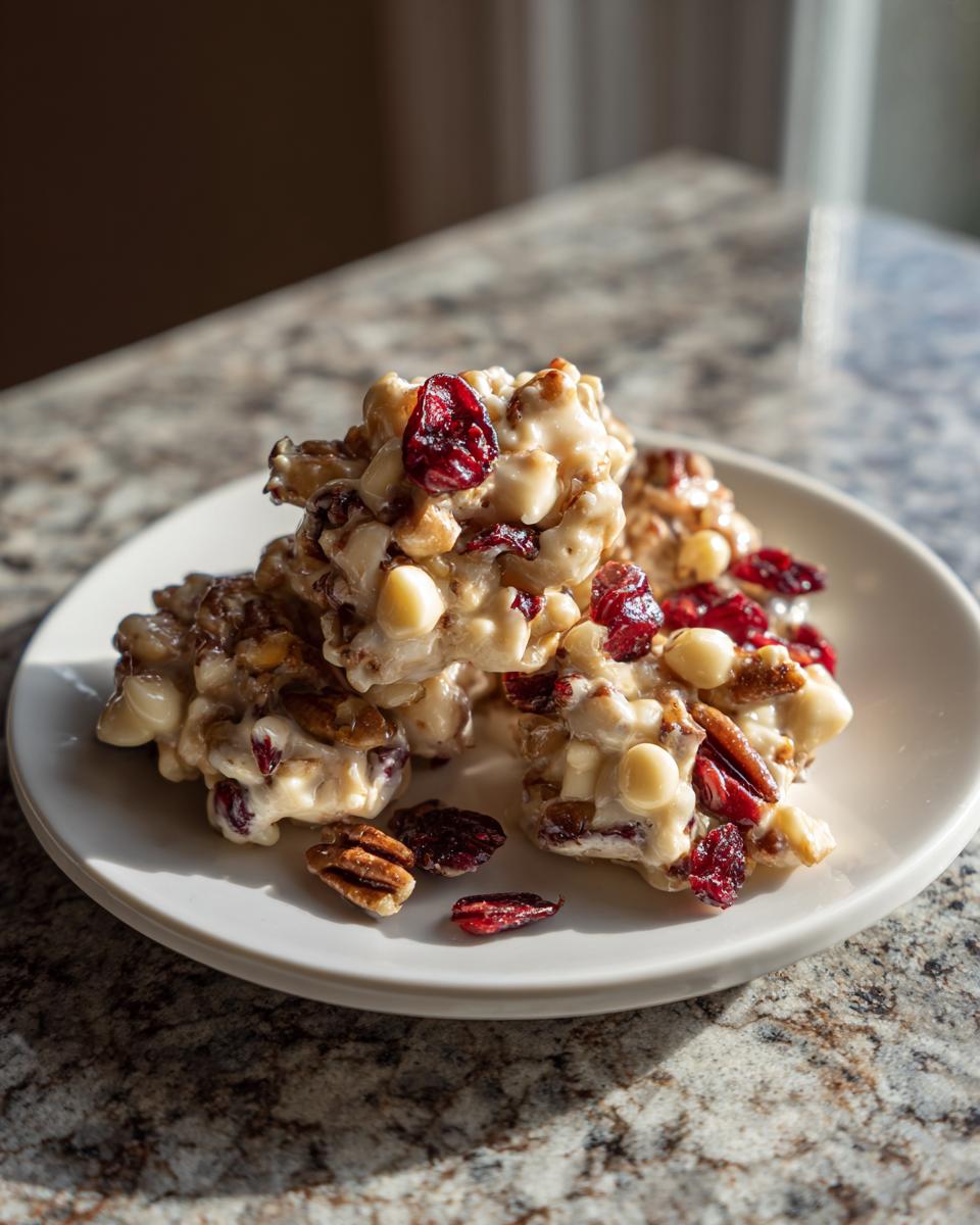 A close-up of white chocolate cranberry pecan clusters on a white plate, showcasing the textures of dried cranberries, pecans, and white chocolate chips.