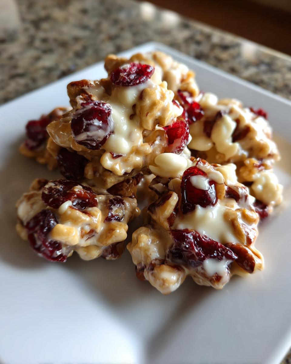 A close-up of white chocolate cranberry pecan clusters on a white plate, showcasing the creamy white chocolate, tart cranberries, and crunchy pecans.