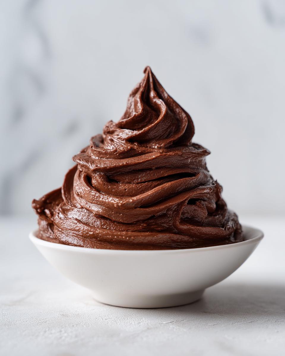 A perfect swirl of rich, dark chocolate frosting piled high in a small white bowl.