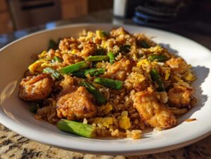 A close-up of a white bowl filled with flavorful chicken fried rice, featuring browned chicken pieces and bright green asparagus.