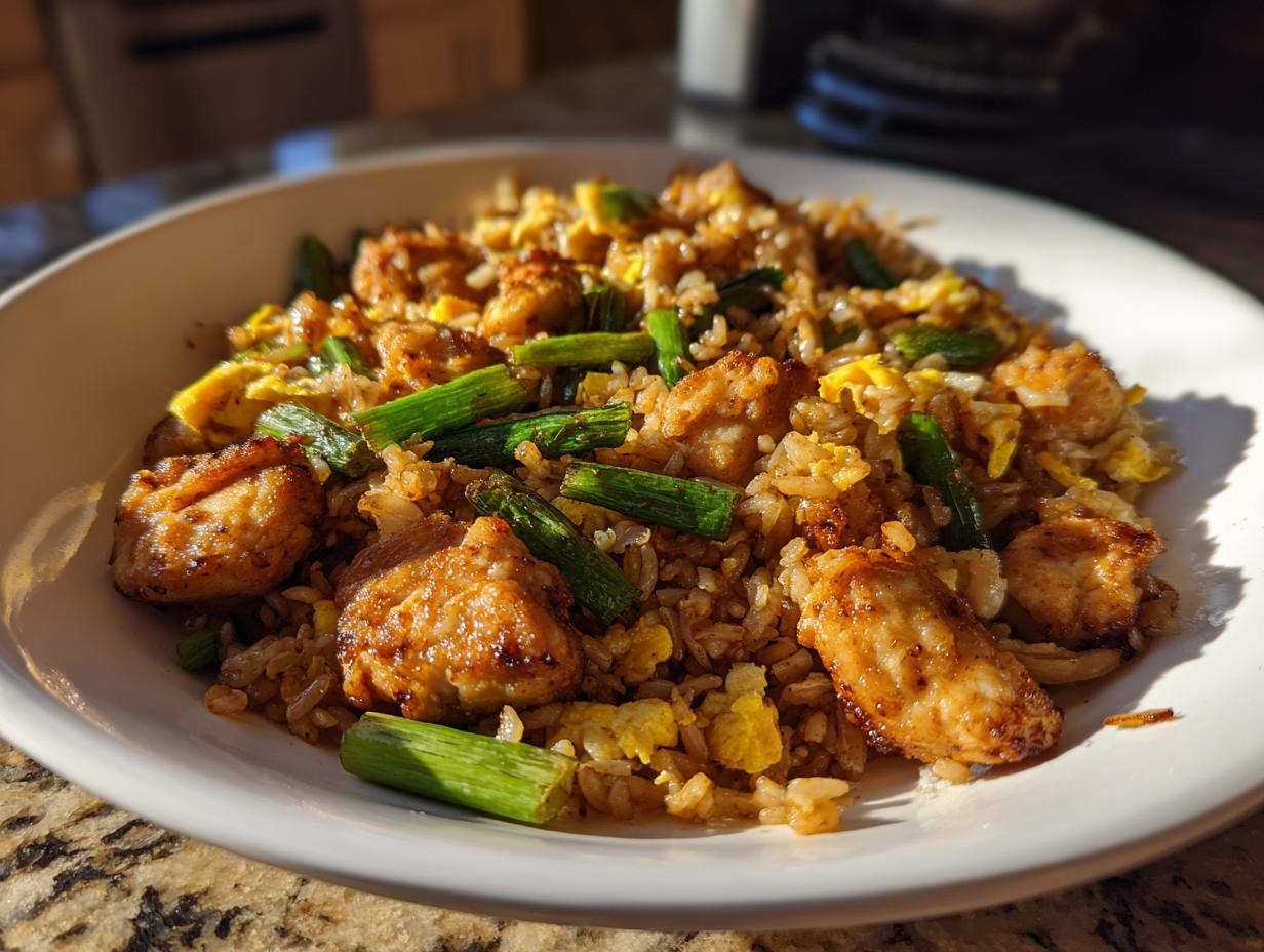 A close-up of a white bowl filled with flavorful chicken fried rice, featuring browned chicken pieces and bright green asparagus.