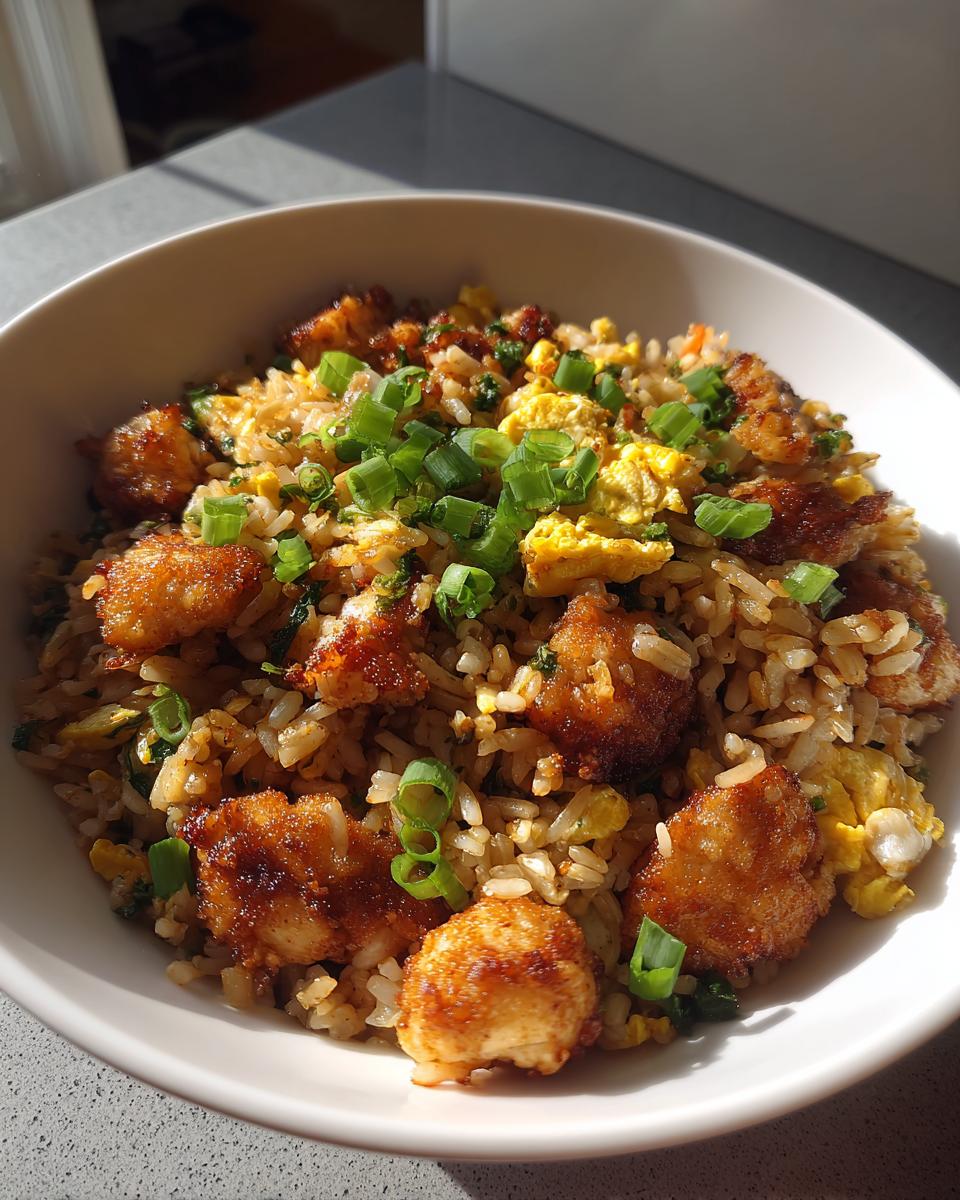 A close-up bowl of homemade chicken fried rice topped with crispy chicken pieces, scrambled egg, and fresh green onions.